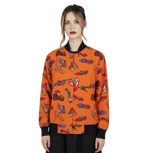 Vintage 1980s Novelty Shoe Print Bomber Jacket Orange Cotton USA Made Size Small